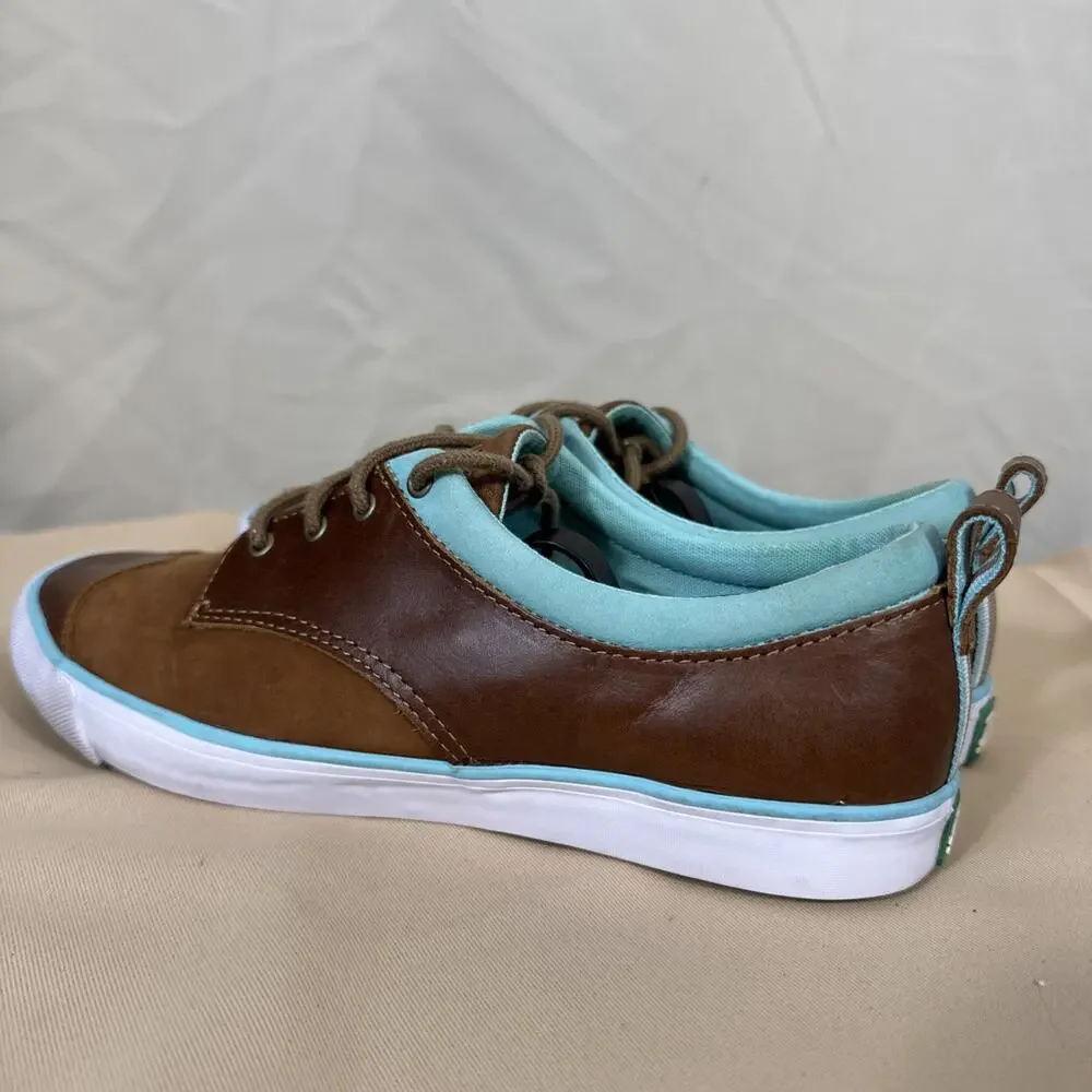 PF Flyers Womens 10 Brown Aqua Leather Low Top Sneakers Retro Preppy Casual